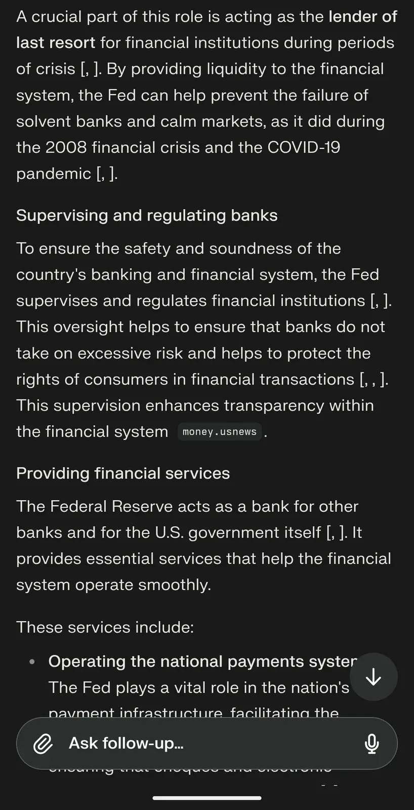 AI chat screenshot: continuation covering the Fed role as lender of last resort during the 2008 crisis and COVID, supervising and regulating banks, and providing financial services including the national payments system
