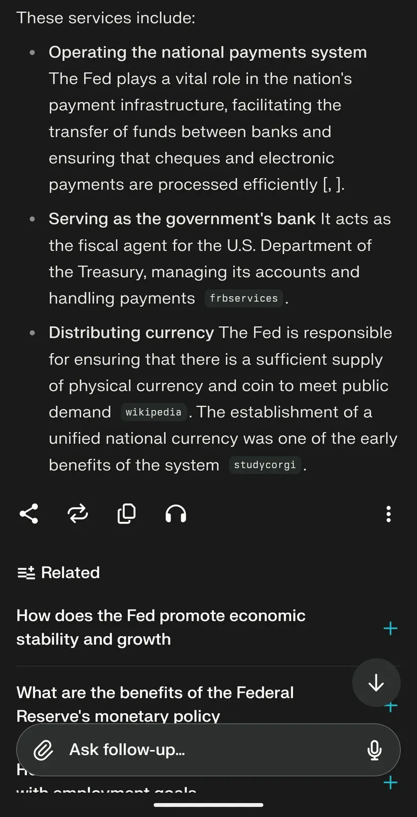 AI chat screenshot: continuation listing Fed financial services - operating payments system, serving as the government bank for the Treasury, and distributing physical currency