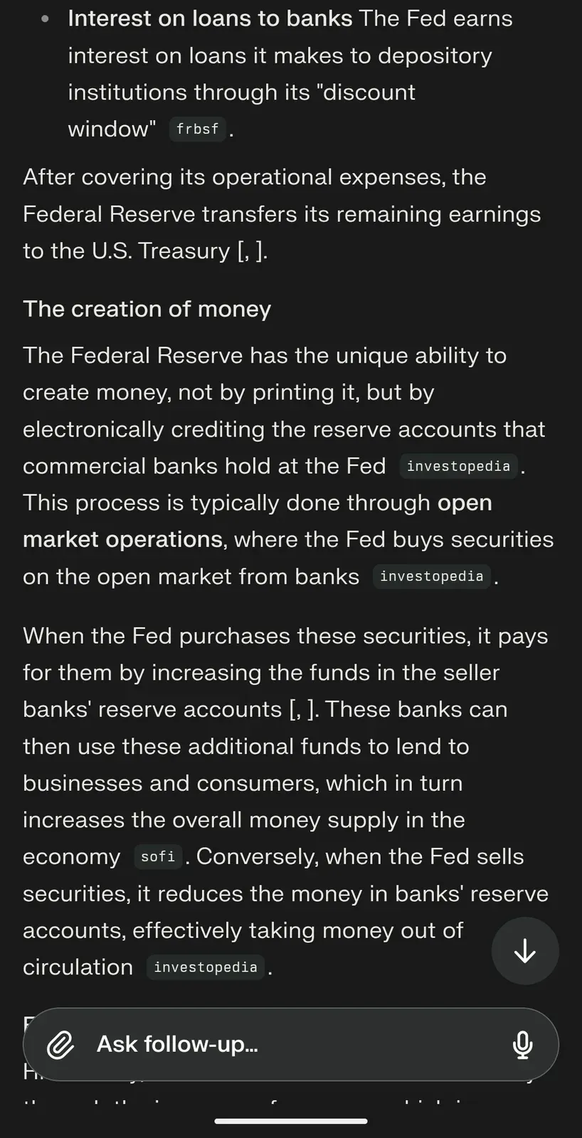 AI chat screenshot: continuation explaining the Fed earns interest on discount window loans, transfers surplus earnings to Treasury, and creates money electronically by crediting bank reserve accounts through open market operations