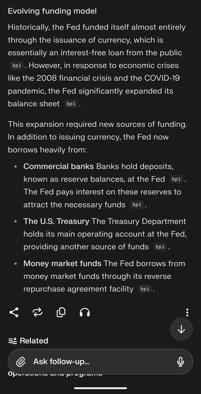 AI chat screenshot: continuation describing the Fed evolving funding model - historically funded through currency issuance, now also borrows from commercial banks, the U.S. Treasury, and money market funds