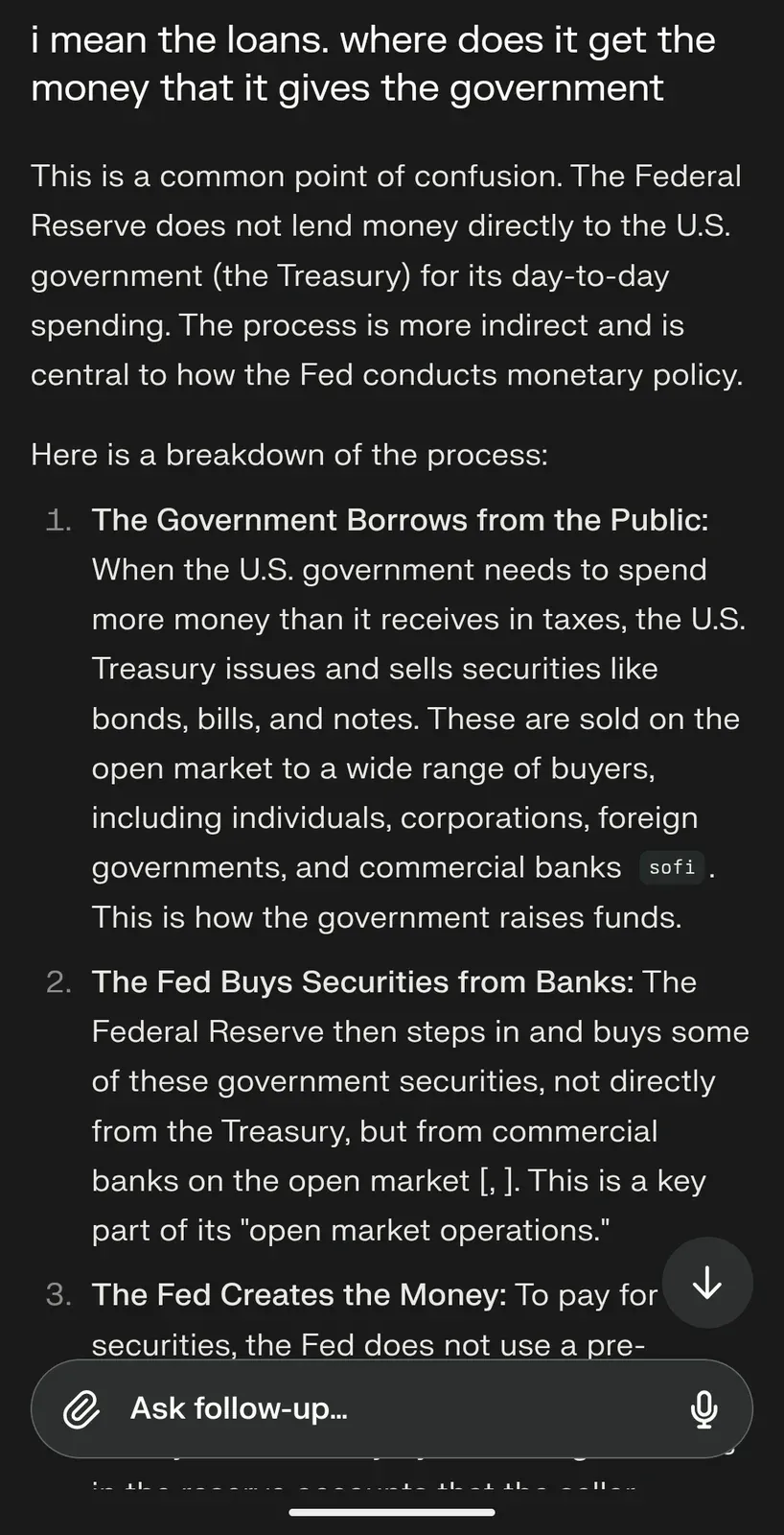 AI chat screenshot: user insists - where does it get the money that it gives the government - AI clarifies the Fed does not lend directly to the government, the process is indirect through open market operations