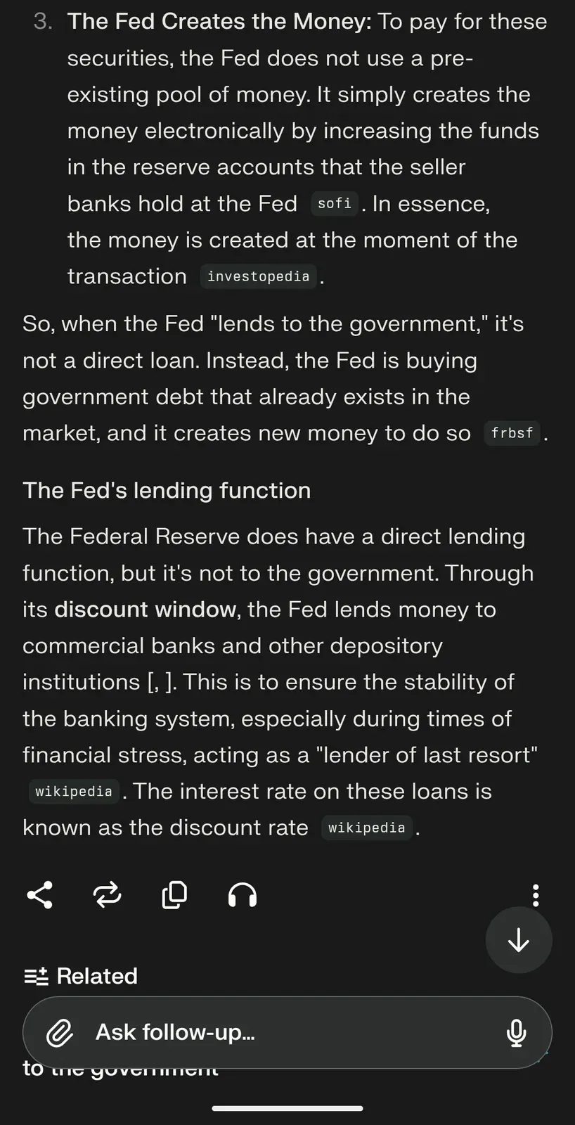 AI chat screenshot: continuation - the Fed creates money at the moment of transaction to buy securities, and its direct lending function (discount window) is to commercial banks, not the government