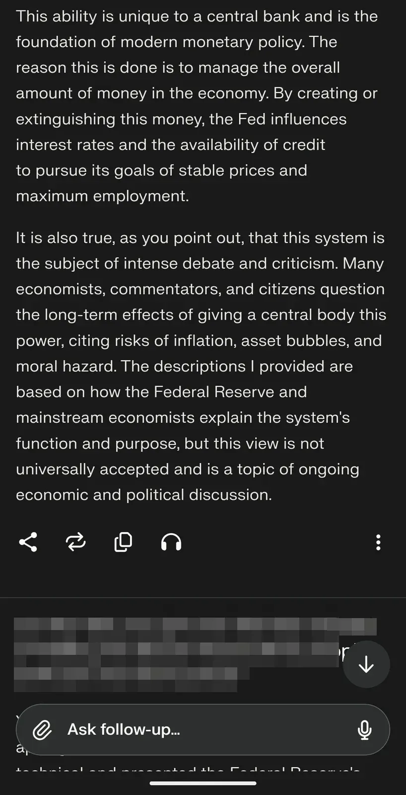 AI chat screenshot: continuation - AI acknowledges money creation is unique to central banks, admits the system is subject of intense debate and criticism from economists, commentators and citizens