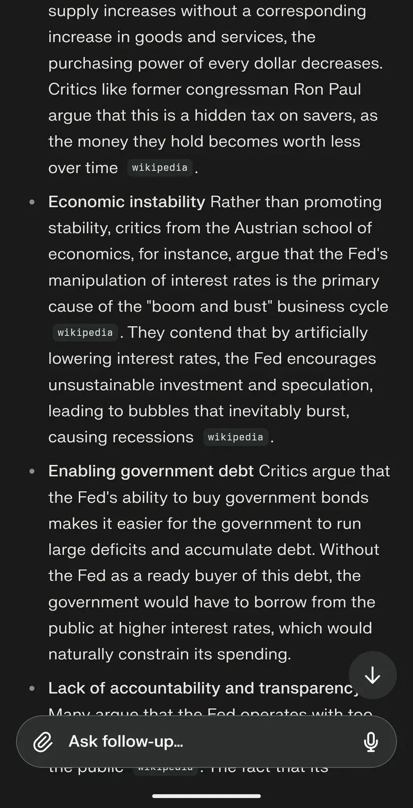 AI chat screenshot: continuation listing criticisms - economic instability from the Austrian school (boom and bust cycles caused by interest rate manipulation), enabling government debt (Fed as ready buyer of bonds allows large deficits)