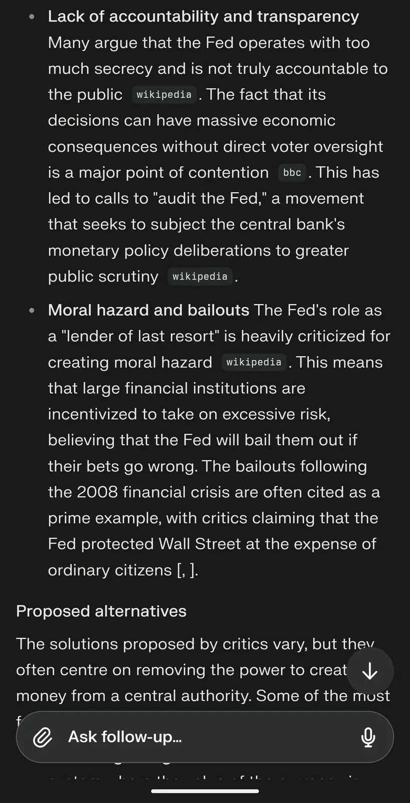 AI chat screenshot: continuation - lack of accountability leading to audit the Fed movement, moral hazard and bailouts (2008 crisis cited as example where Fed protected Wall Street at expense of ordinary citizens)