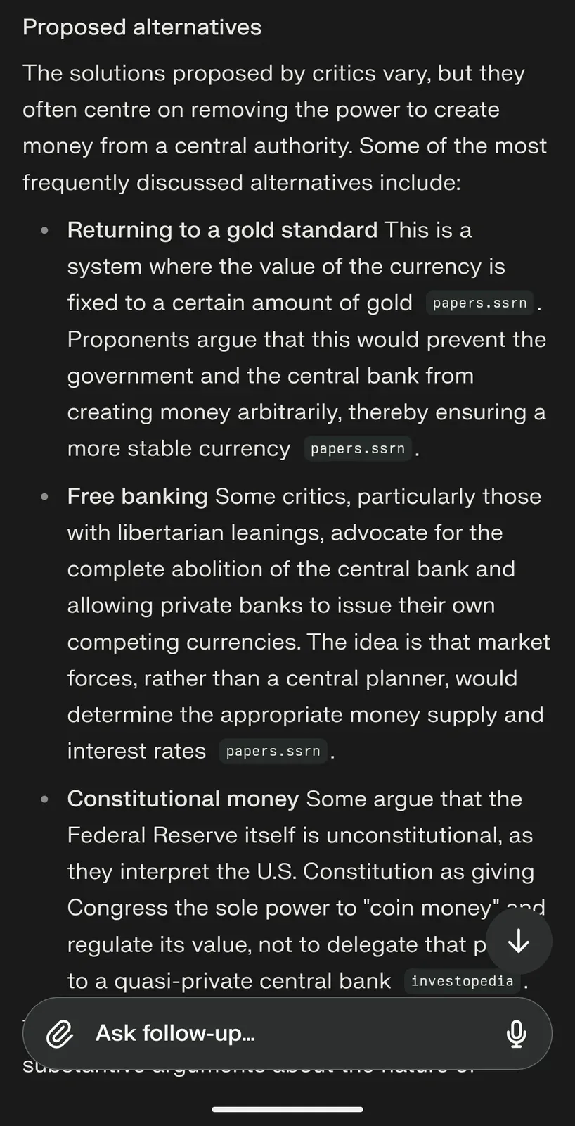 AI chat screenshot: continuation listing proposed alternatives - returning to a gold standard, free banking where private banks issue competing currencies, and constitutional money (arguing the Fed is unconstitutional since Congress has sole power to coin money)