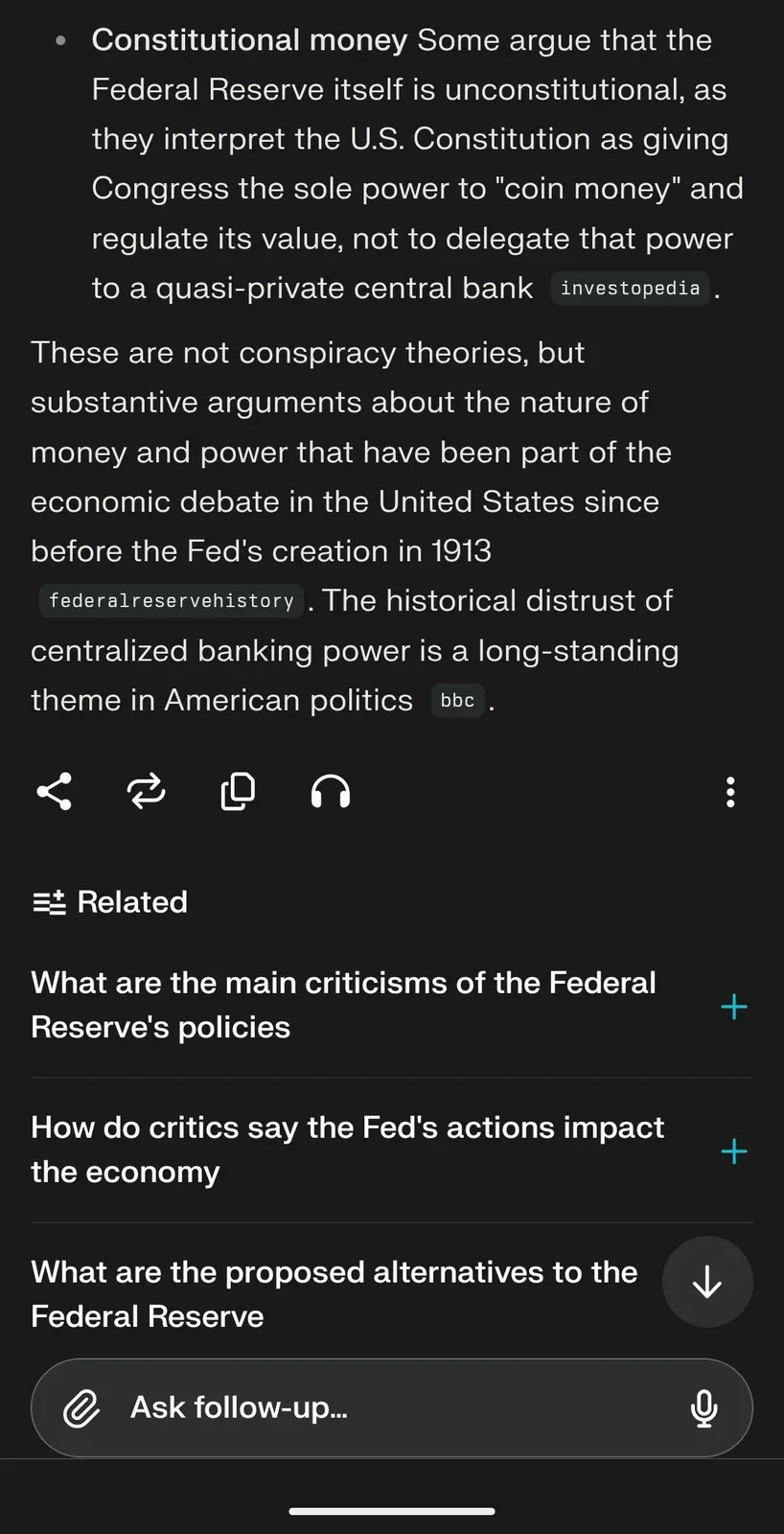 AI chat screenshot: conclusion - these are not conspiracy theories but substantive arguments about money and power that have been part of American economic debate since before the Fed creation in 1913