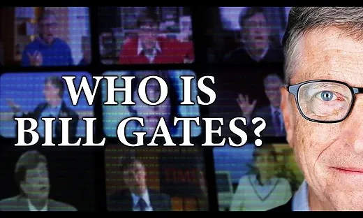 Title card for 'Who Is Bill Gates?' documentary - a close-up of Gates wearing glasses with screens visible behind him