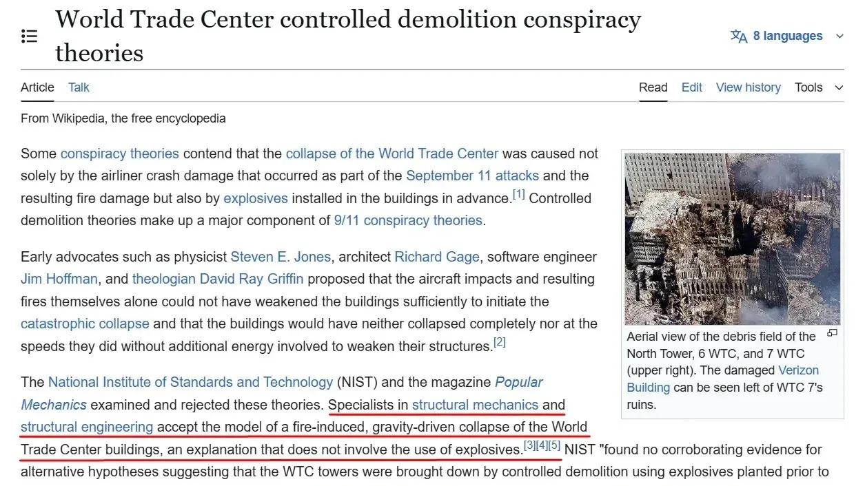 Screenshot of Wikipedia's 'World Trade Center controlled demolition conspiracy theories' article with the claim 'Specialists in structural mechanics and structural engineering accept the model of a fire-induced, gravity-driven collapse' underlined in red