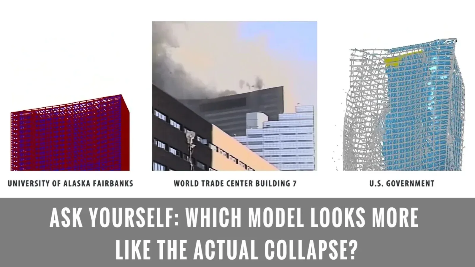 Three-panel comparison: University of Alaska Fairbanks computer model (building falling straight down), actual WTC Building 7 collapse footage, and US Government NIST model (building deforming asymmetrically). Caption: Ask yourself - which model looks more like the actual collapse?