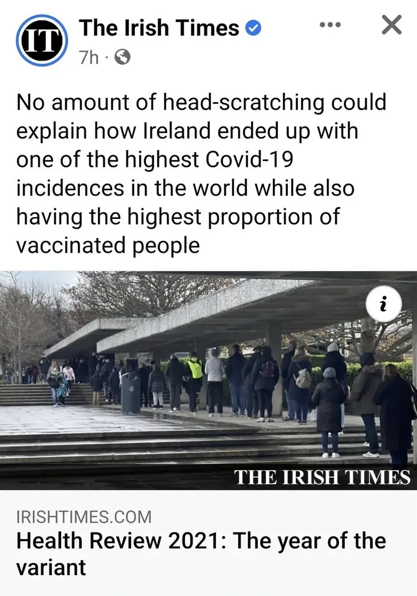 The Irish Times Facebook post - No amount of head-scratching could explain how Ireland ended up with one of the highest Covid-19 incidences in the world while also having the highest proportion of vaccinated people. Health Review 2021: The year of the variant. Photo of long queue