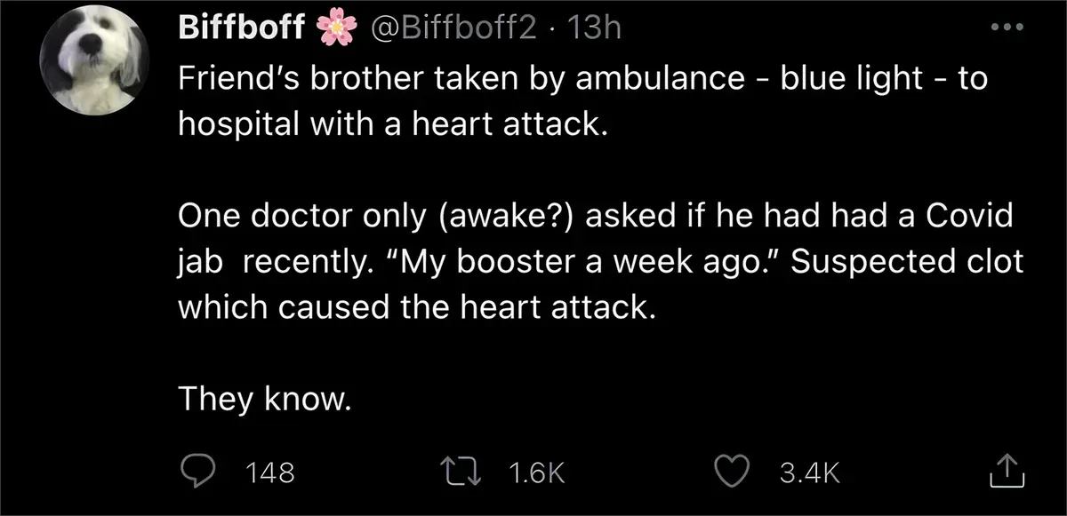 @Biffboff2 tweet - friend's brother had heart attack after booster, suspected clot