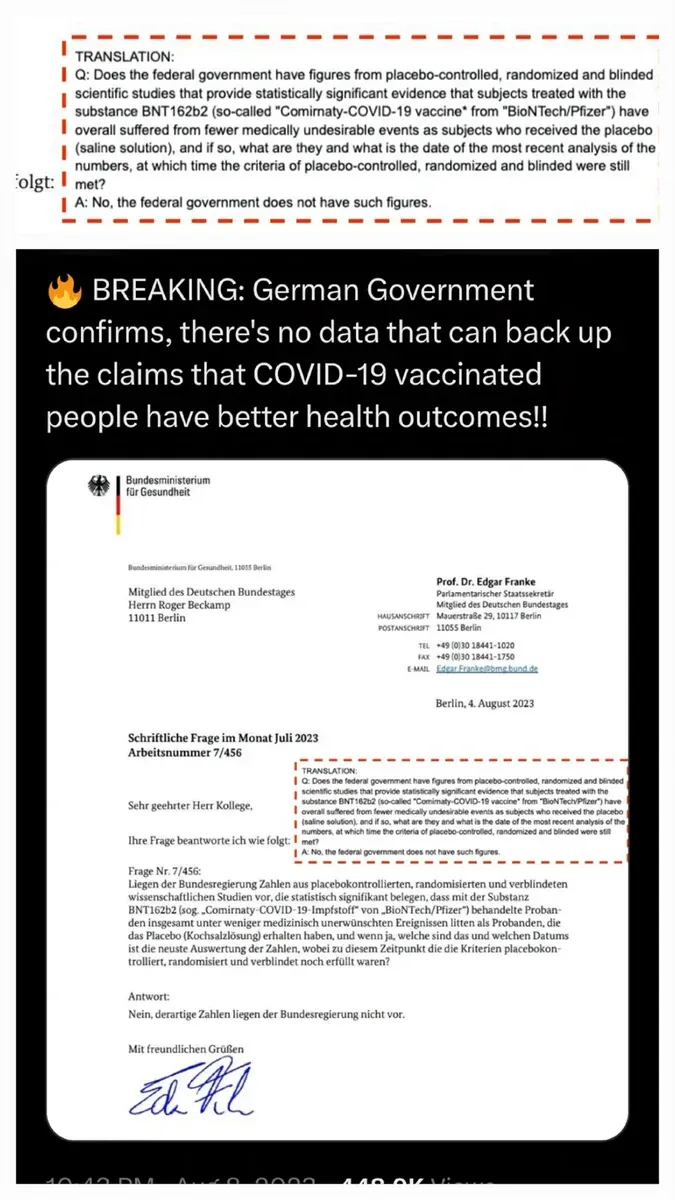 German Federal Ministry of Health official letter (Aug 4 2023) from Prof Dr Edgar Franke to Roger Beckamp MP. Q: Does the government have placebo-controlled, randomized and blinded studies showing COVID-19 vaccinated people had fewer adverse events than placebo? A: No, the federal government does not have such figures.