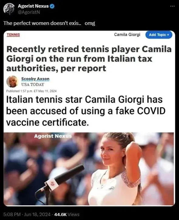 Agorist Nexus - Italian tennis star Camila Giorgi accused of fake vaccine certificate