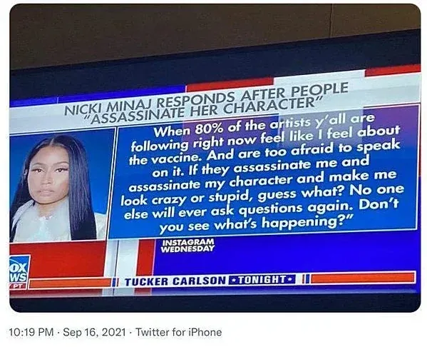 Tucker Carlson - Nicki Minaj quote about 80% of artists feeling same about vaccine