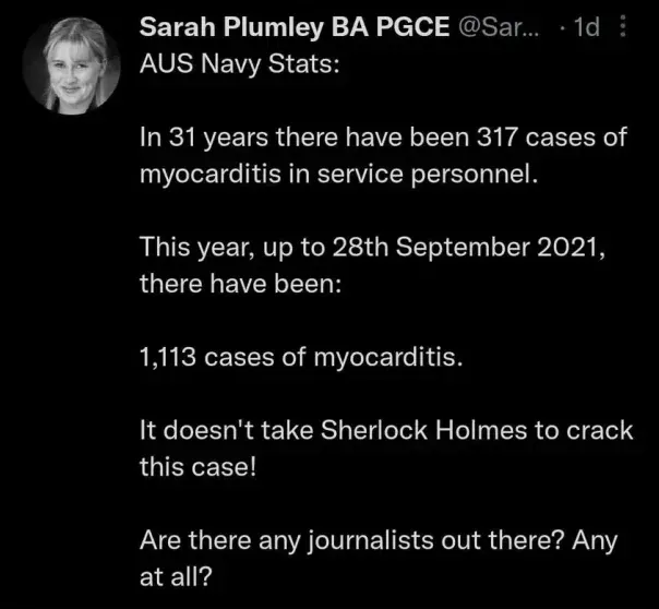 Sarah Plumley - AUS Navy 317 myocarditis in 31 years, 1,113 in 2021 alone