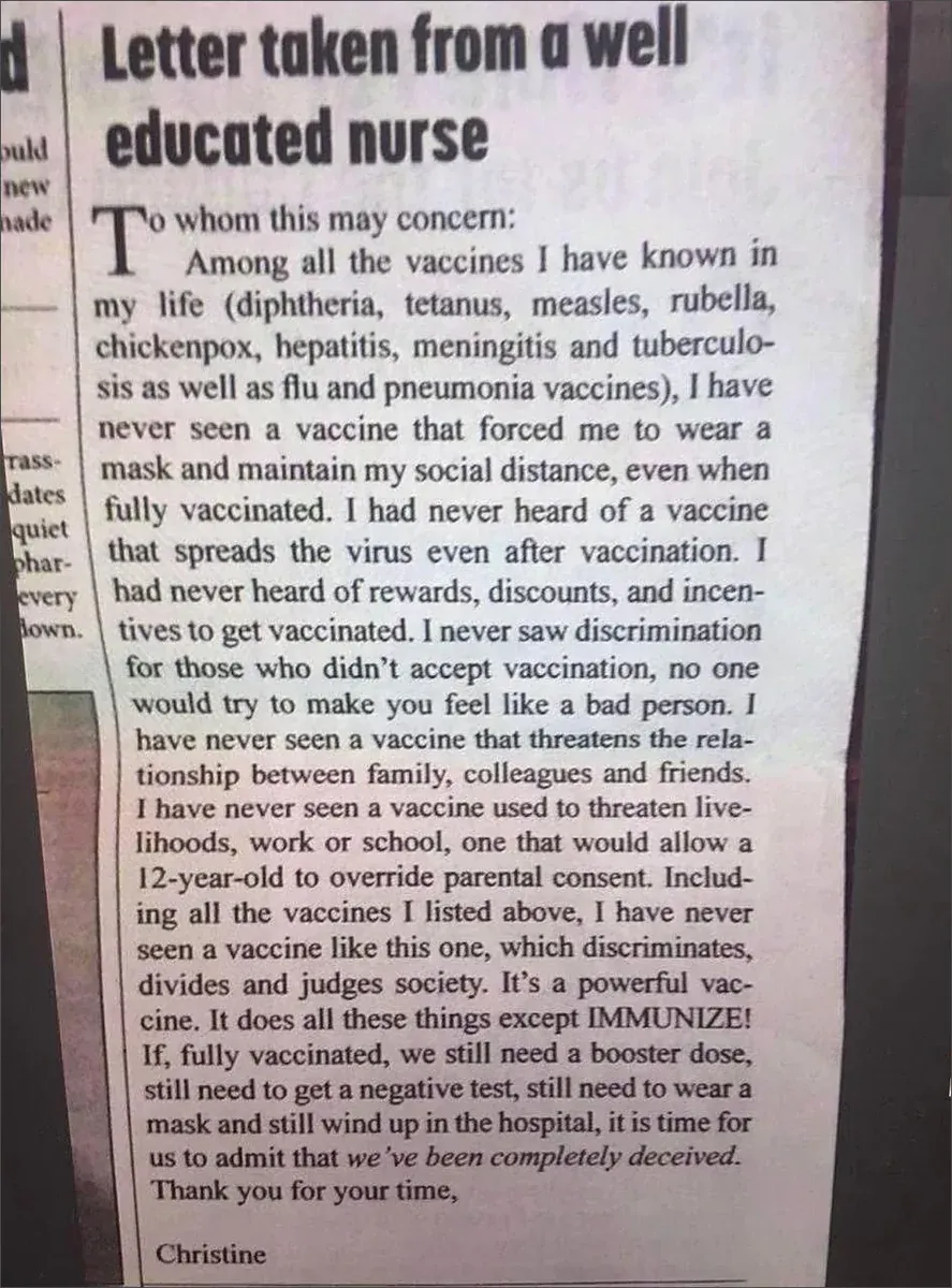 Nurse Christine's letter about COVID vaccine being unlike any previous vaccine