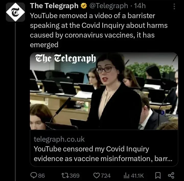 Telegraph tweet - YouTube removed barrister's Covid Inquiry vaccine harm evidence