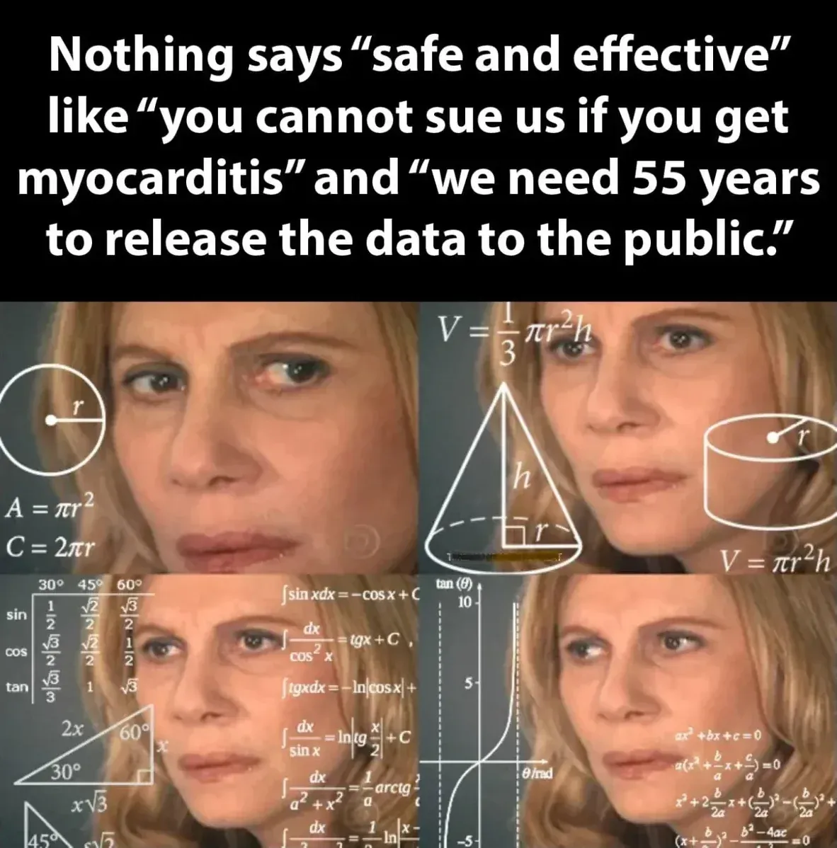 Confused math lady meme about safe and effective + can't sue + 55 years to release data