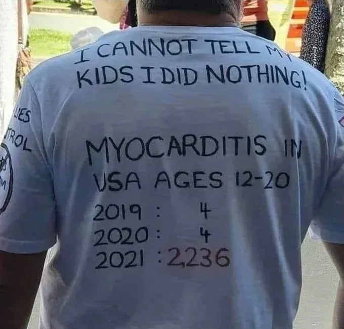 Man's t-shirt - myocarditis ages 12-20: 2019=4, 2020=4, 2021=2,236