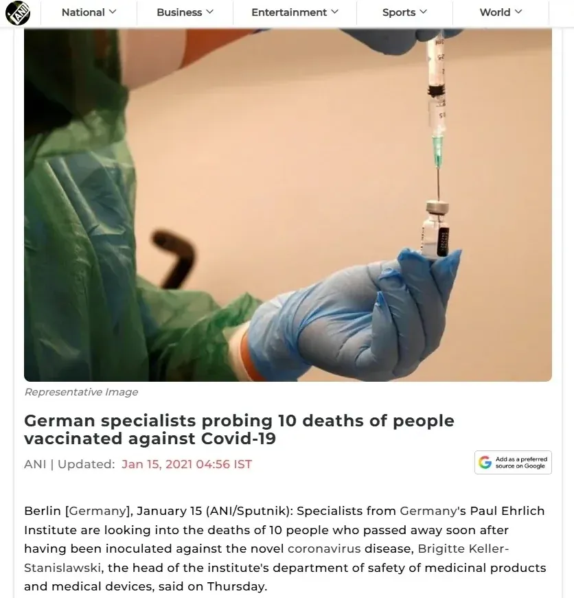 ANI - German specialists probing 10 deaths after vaccination (Jan 2021)