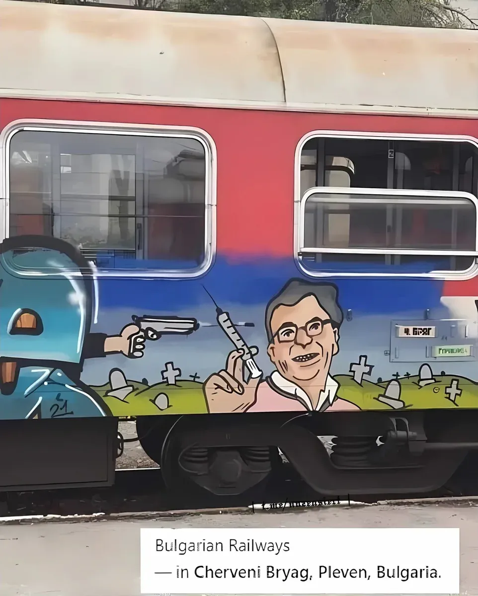 Bulgarian railway graffiti - Bill Gates caricature with syringe, cemetery background