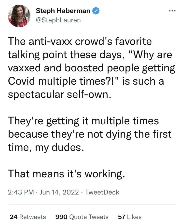 @StephLauren tweet defending multiple infections as proof vaccine is working