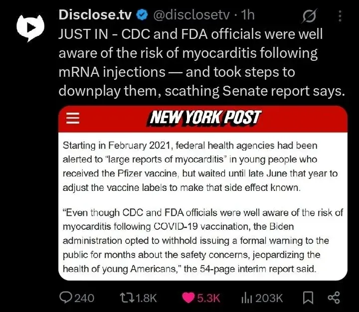 Disclose.tv/NY Post - CDC and FDA knew myocarditis risk from Feb 2021, waited months