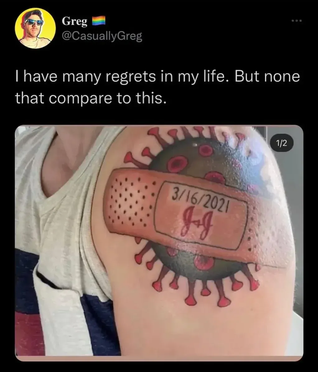 @CasuallyGreg - regrets J&J vaccination tattoo (3/16/2021 J+J on COVID virus design)