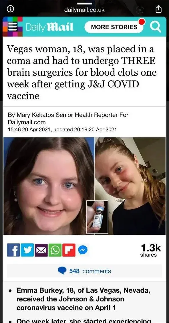 Daily Mail - Emma Burkey 18, coma and 3 brain surgeries after J&J vaccine (Apr 2021)
