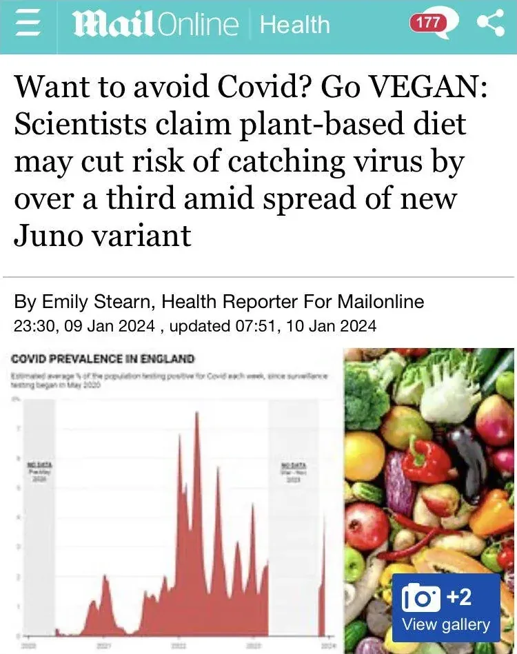 Daily Mail Health article by Emily Stearn (Jan 9 2024) - Want to avoid Covid? Go VEGAN: Scientists claim plant-based diet may cut risk of catching virus by over a third amid spread of new Juno variant. COVID Prevalence in England graph and vegetable photo.