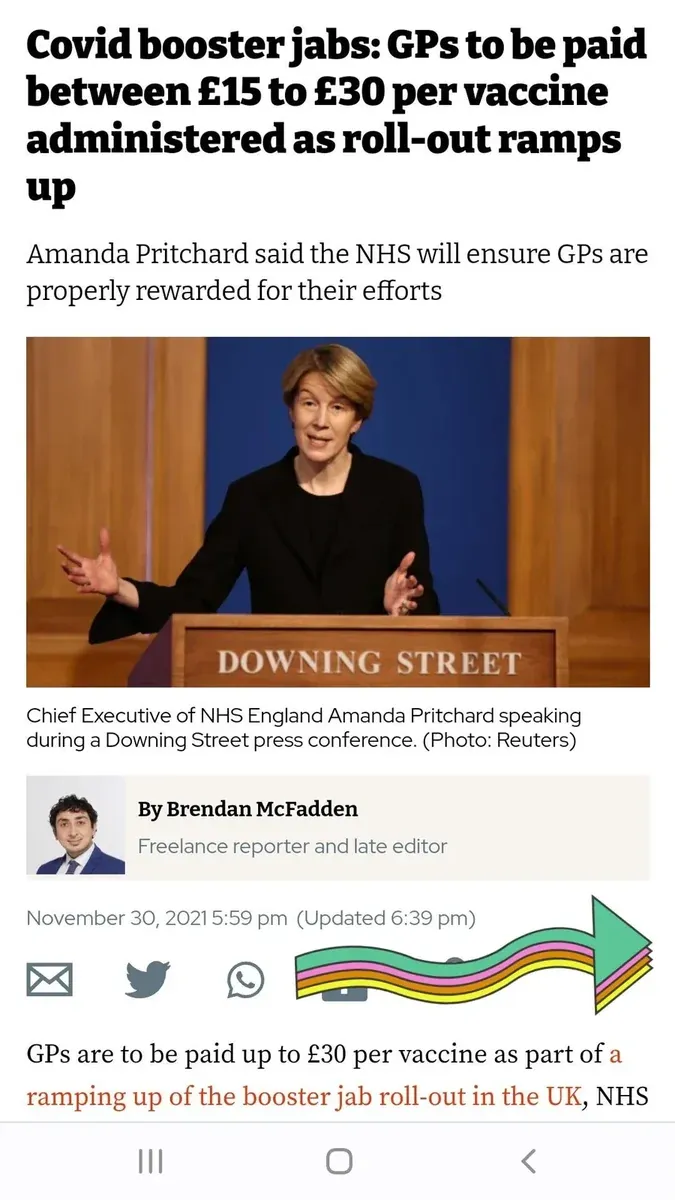 Article by Brendan McFadden (Nov 30 2021) - Covid booster jabs: GPs to be paid between 15 to 30 pounds per vaccine administered as roll-out ramps up. Amanda Pritchard, Chief Executive of NHS England, said the NHS will ensure GPs are properly rewarded for their efforts. Photo of Pritchard at Downing Street podium
