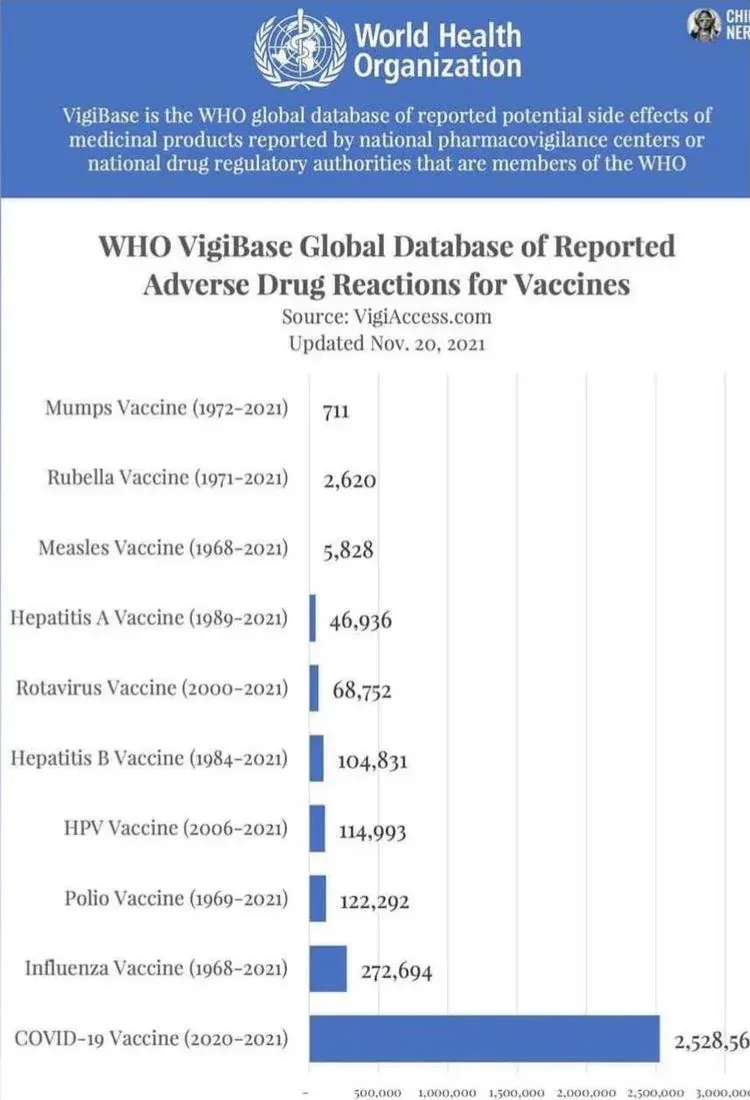 WHO VigiBase Global Database of Reported Adverse Drug Reactions for Vaccines (VigiAccess.com, updated Nov 20 2021). Bar chart comparing all vaccines: COVID-19 Vaccine (2020-2021) at 2,528,564 dwarfs all others combined - Influenza (1968-2021) 272,694, Polio (1969-2021) 122,292, HPV (2006-2021) 114,993, Hepatitis B (1984-2021) 104,831, down to Mumps (1972-2021) at 711