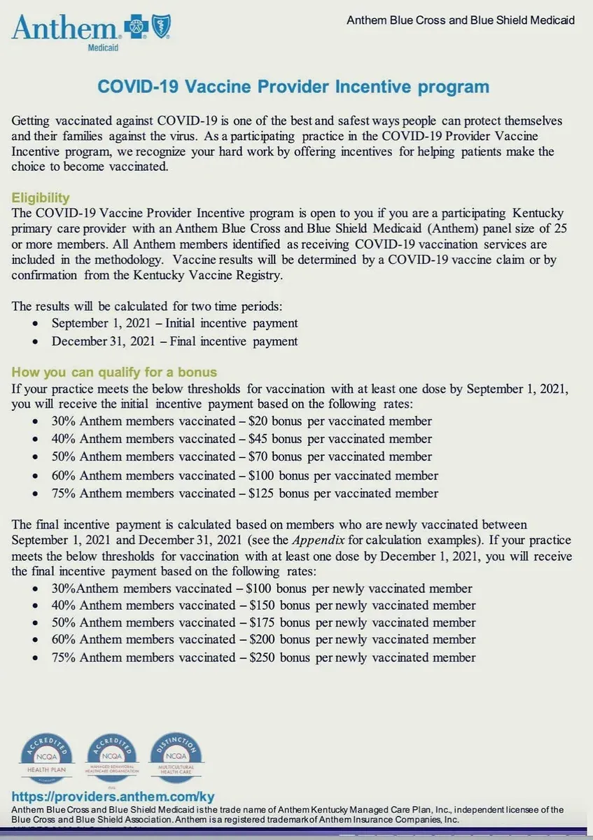 Anthem Blue Cross and Blue Shield Medicaid document - COVID-19 Vaccine Provider Incentive program. Tiered payment structure: 40% members vaccinated = $25 bonus per member, scaling up to 80% = $100 bonus per member by September 1 2021, with final incentive up to $200 per newly vaccinated member by December 1 2021
