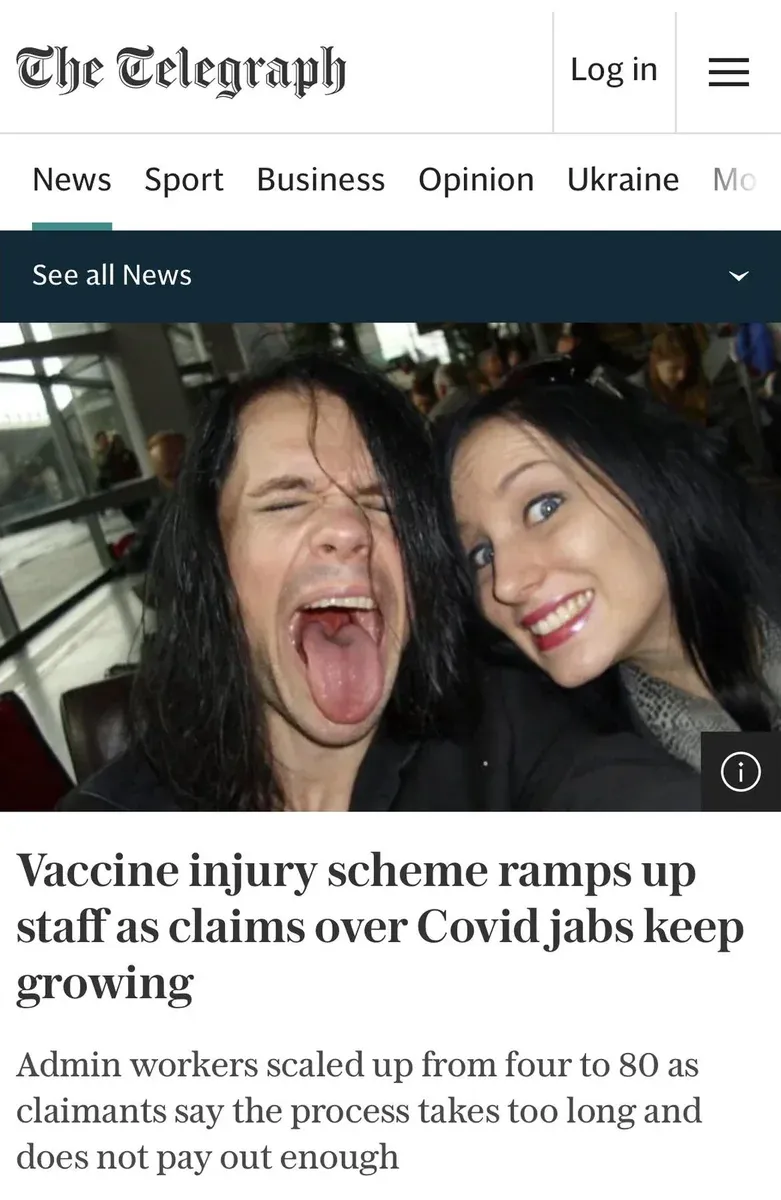 The Telegraph article - Vaccine injury scheme ramps up staff as claims over Covid jabs keep growing. Admin workers scaled up from four to 80 as claimants say the process takes too long and does not pay out enough. Photo of young couple