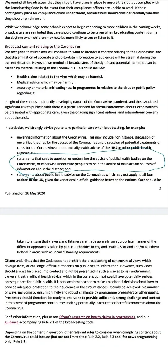 Ofcom regulatory document (published May 26 2020) - Broadcast content relating to the Coronavirus. Warns broadcasters about harmful health claims, circled section highlights: statements that seek to question or undermine the advice of public health bodies on the Coronavirus, or otherwise undermine people's trust in mainstream sources of information about the disease