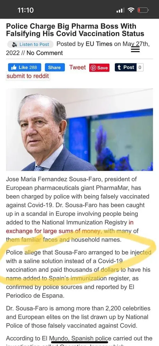 EU Times - PharmaMar president paid for saline instead of vaccine, 2,200+ elites on list
