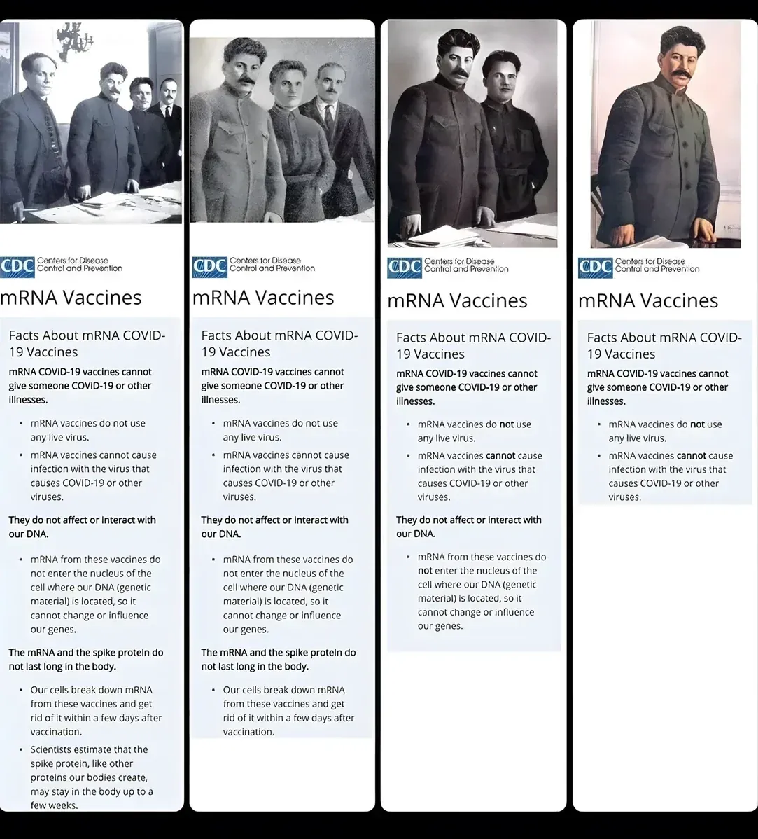 Four panels of CDC fact sheets with Soviet photo erasure comparison