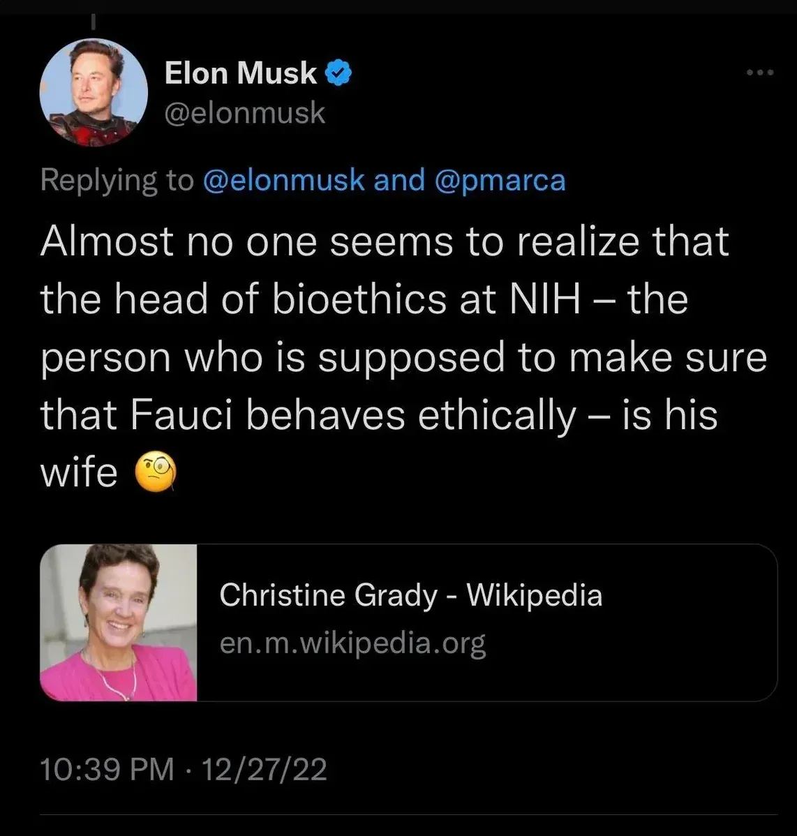 Elon Musk - head of NIH bioethics (Fauci's ethics overseer) is his wife Christine Grady