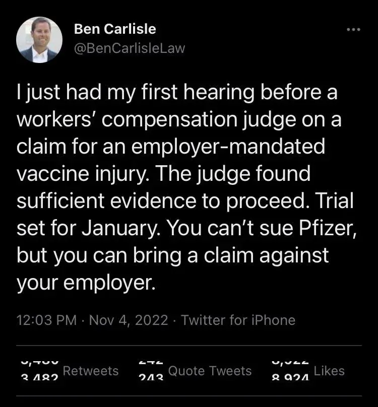 Ben Carlisle Law - workers comp judge found evidence for employer-mandated vaccine injury