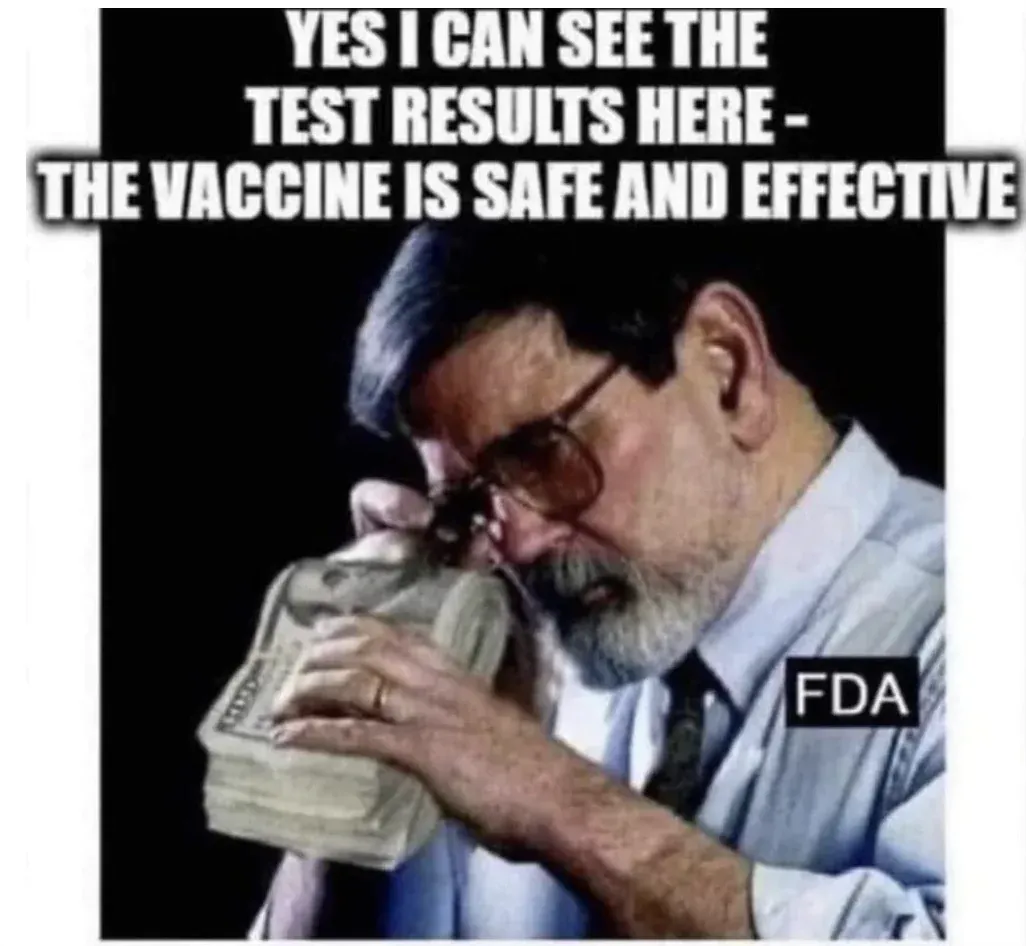 FDA meme - sniffing money stack, the vaccine is safe and effective