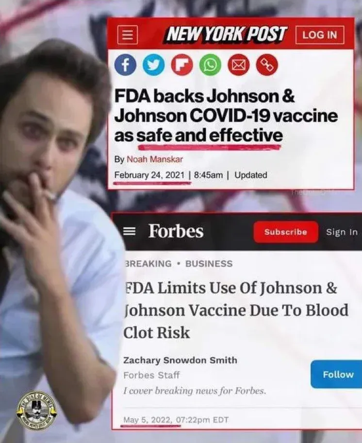 NY Post FDA backs J&J (Feb 2021) vs Forbes FDA Limits J&J Due To Blood Clot Risk (May 2022)