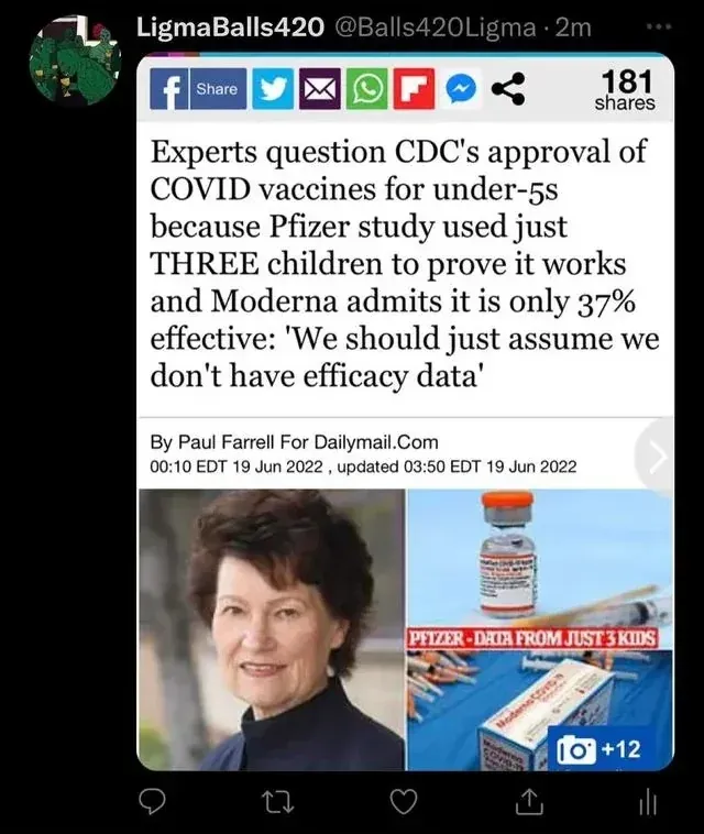 Daily Mail - CDC approved under-5 vaccines, Pfizer study used only 3 children, Moderna 37% effective