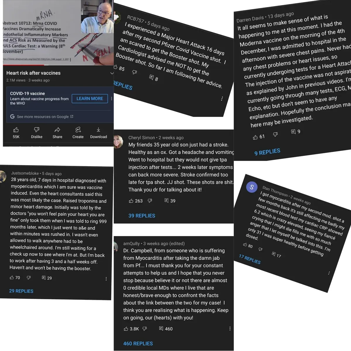 Collage of social media comments about post-vaccine heart issues and strokes
