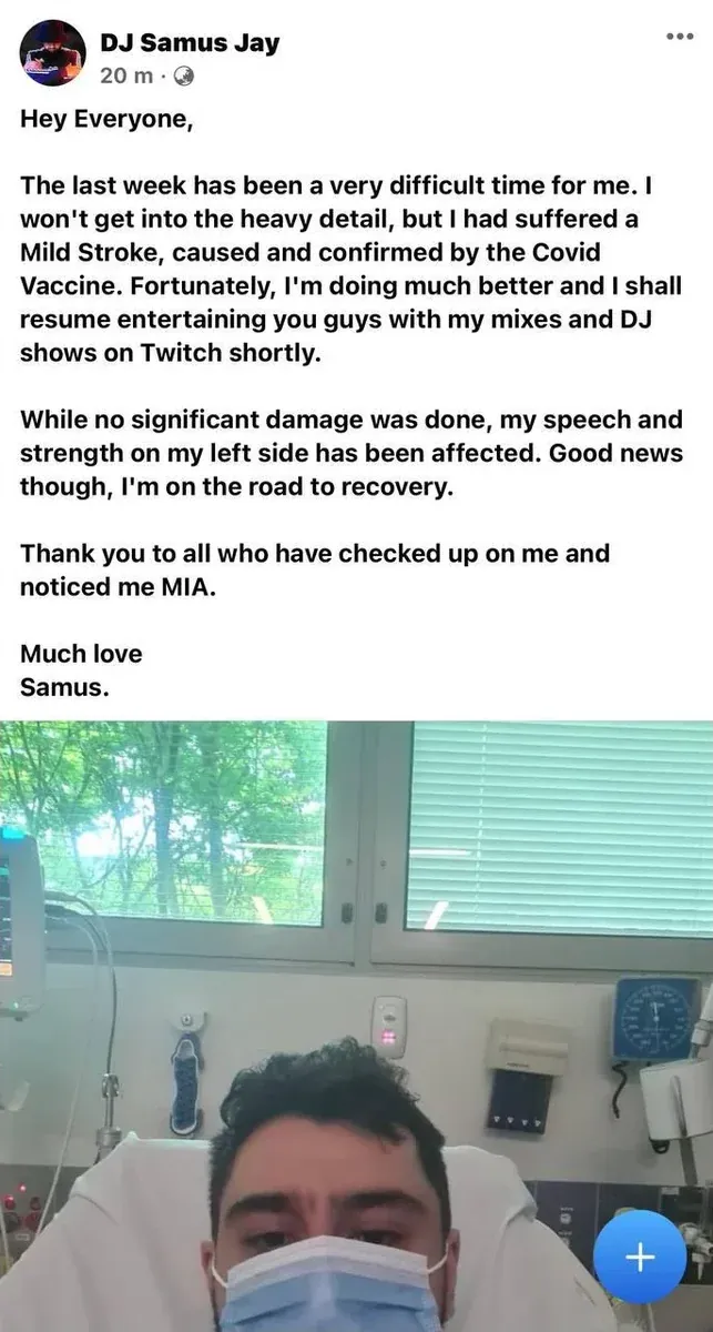 DJ Samus Jay - mild stroke caused and confirmed by Covid Vaccine, hospital selfie