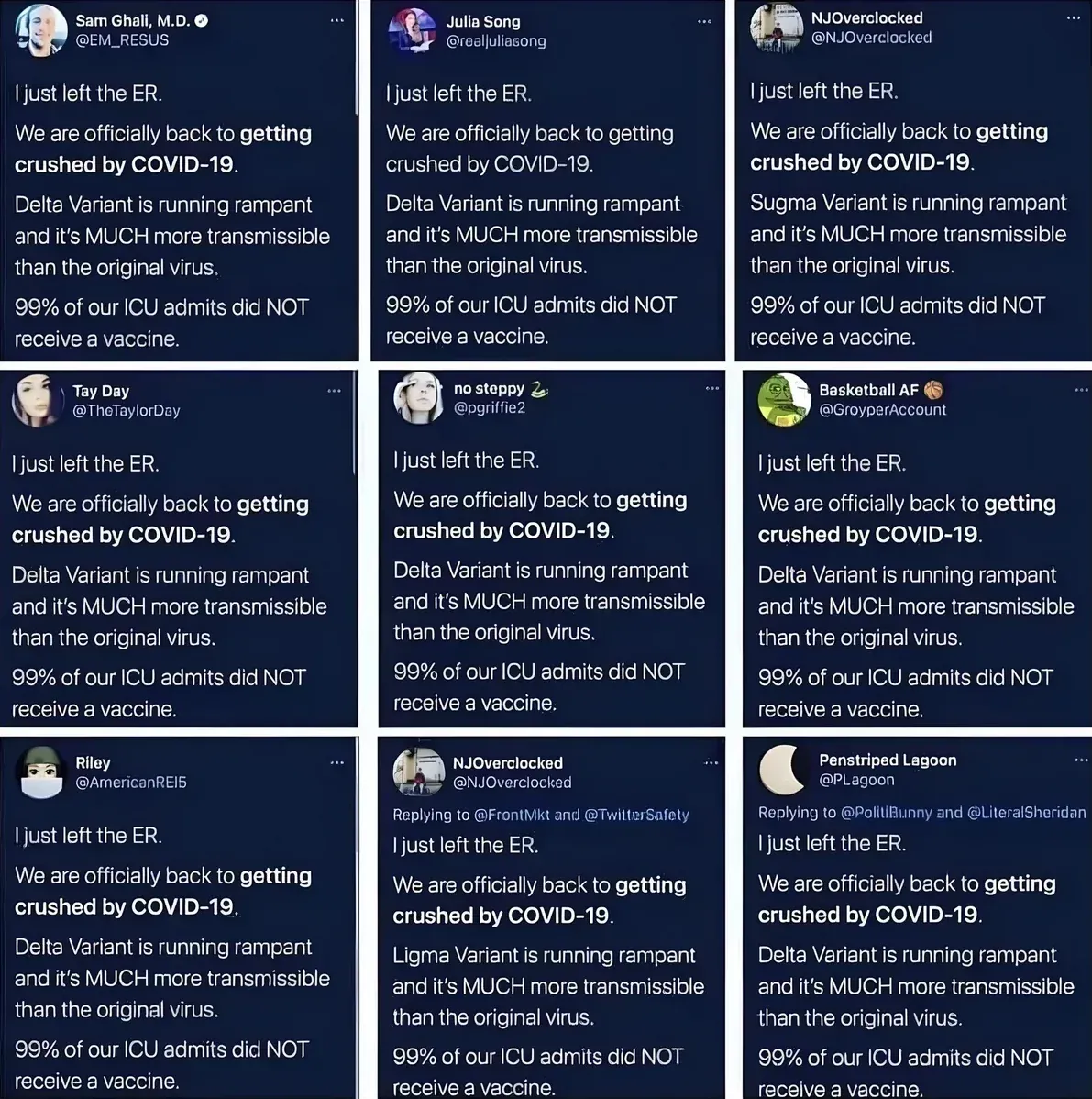 Collage of identical bot tweets about Delta variant and 99% of ICU unvaccinated