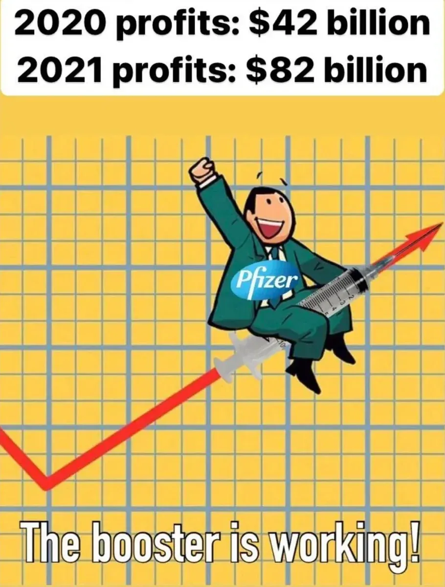 Pfizer profits cartoon - $42B to $82B, businessman riding syringe, The booster is working!