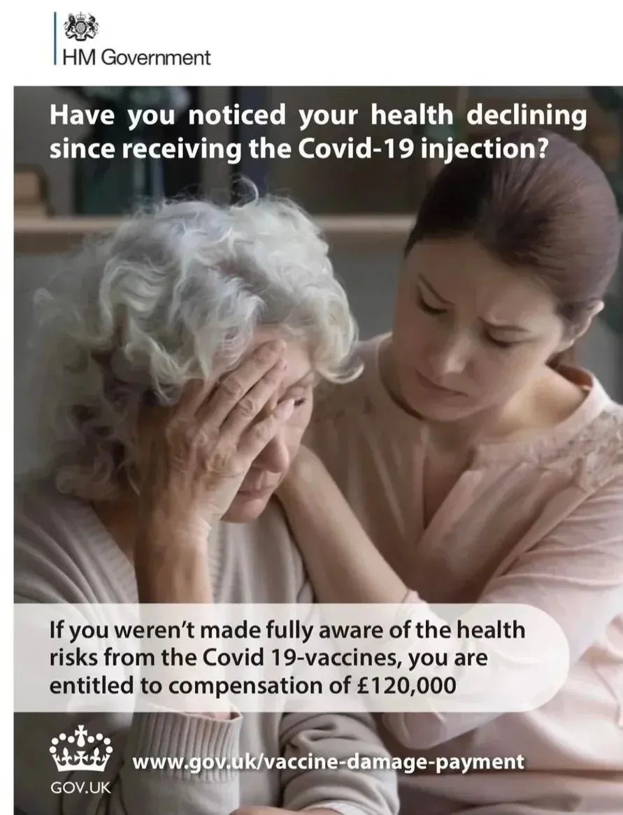 HM Government UK - health declining after Covid-19 injection, 120,000 pounds compensation