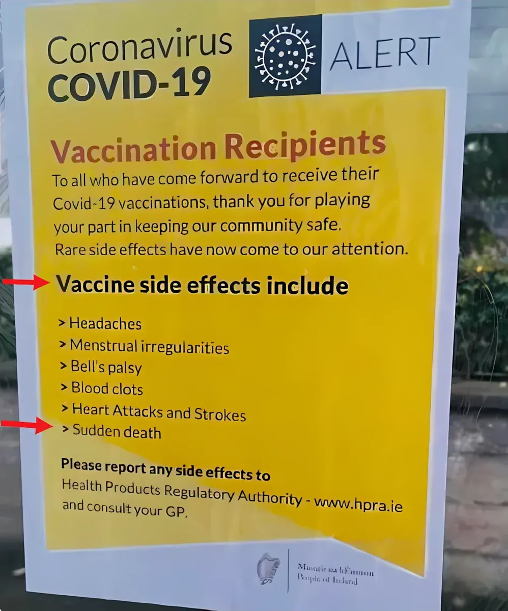 Irish COVID-19 Alert poster listing side effects including sudden death