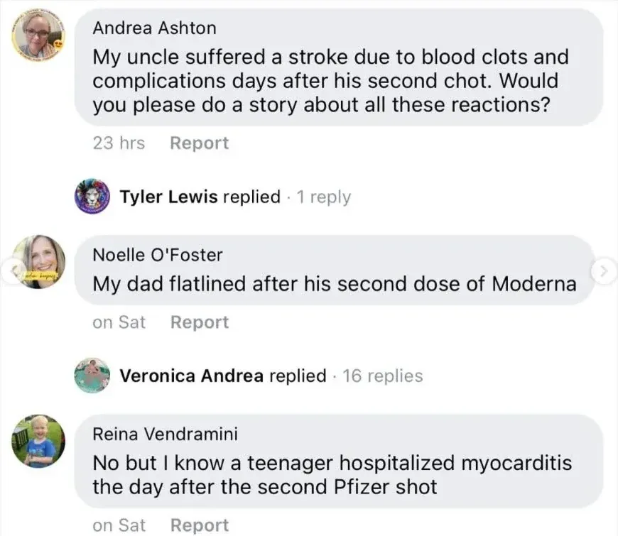 Facebook comments - uncle's stroke, dad flatlined after Moderna, teen myocarditis